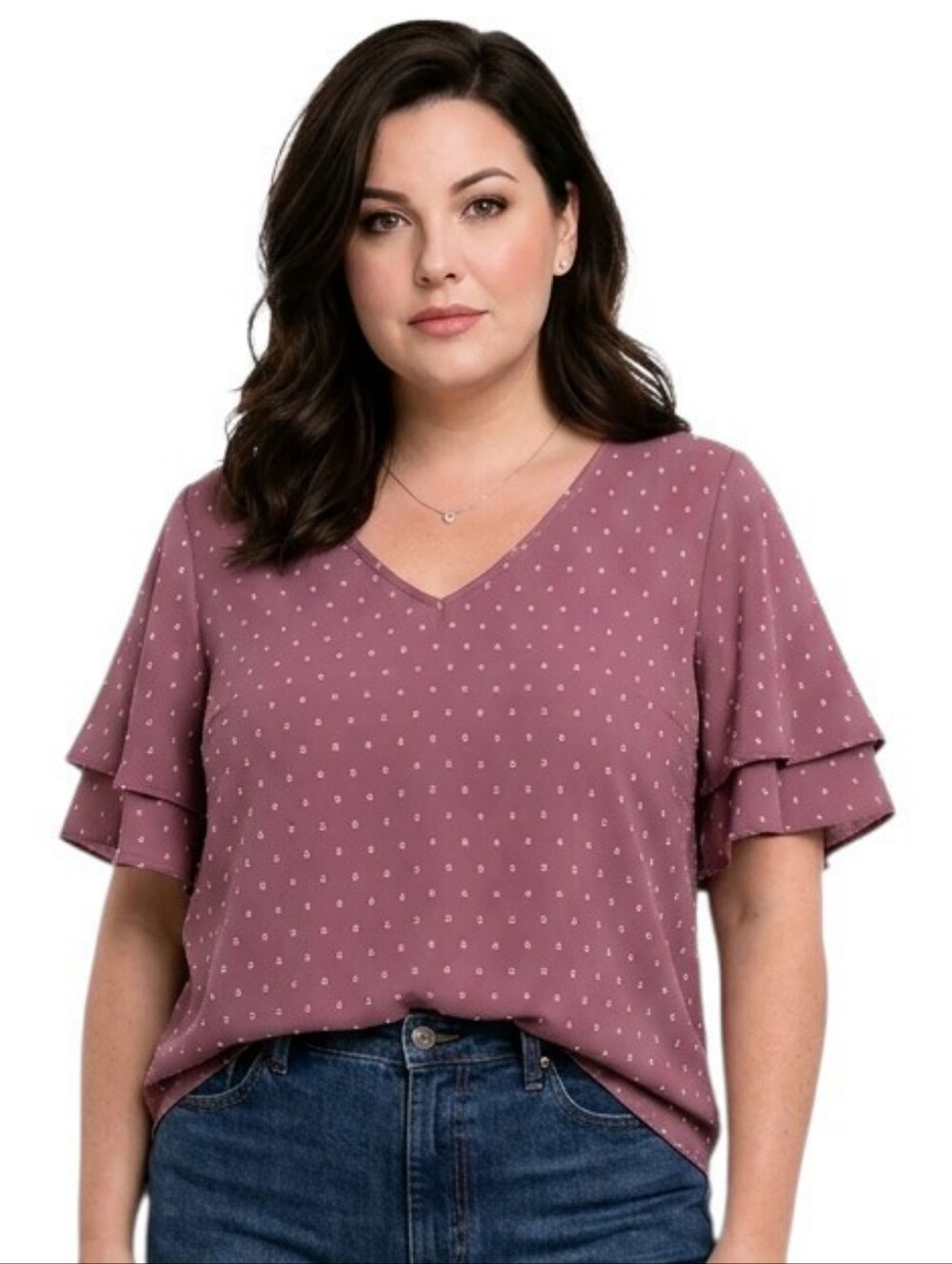 BloomChic Plum Swiss Dot Ruffle Sleeve V-Neck Blouse Size 3X